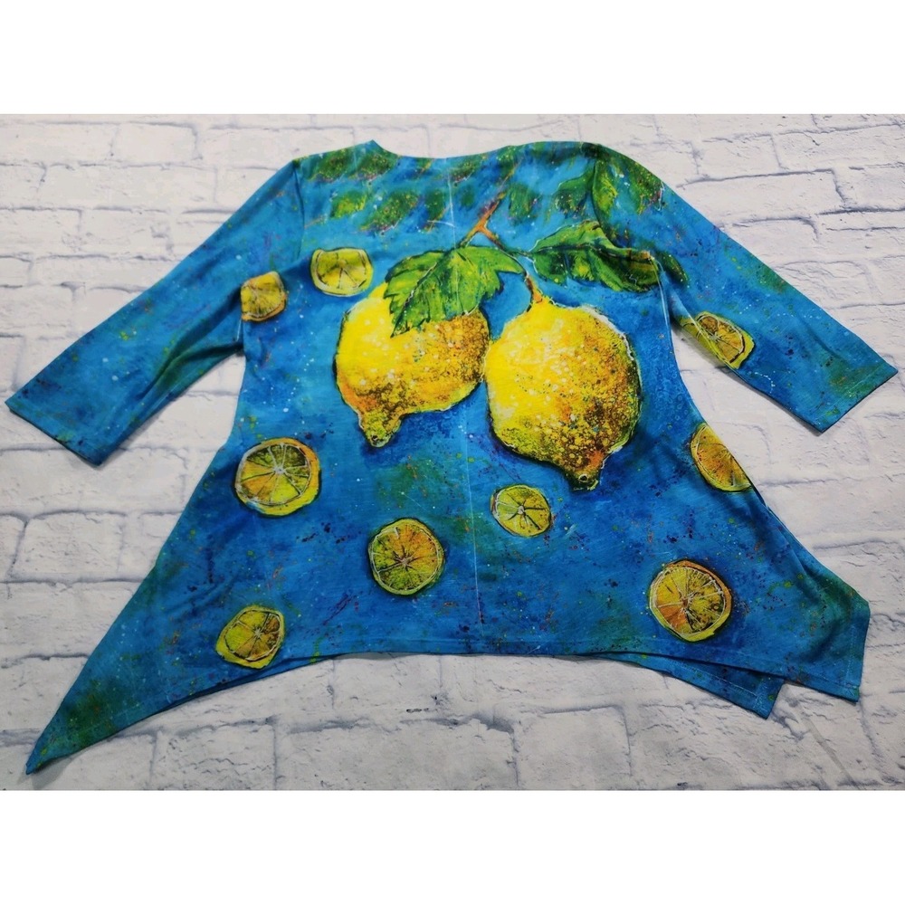 Leoma Lovegrove Shirt WOMENS M Lemon Blue Art Tunic 3/4 Sleeve Asymmetrical Top - Picture 12 of 13